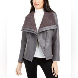 NWT Alfani Faux Leather Faux Fur Fleece Trim Moto Biker Jacket Gray Sz S